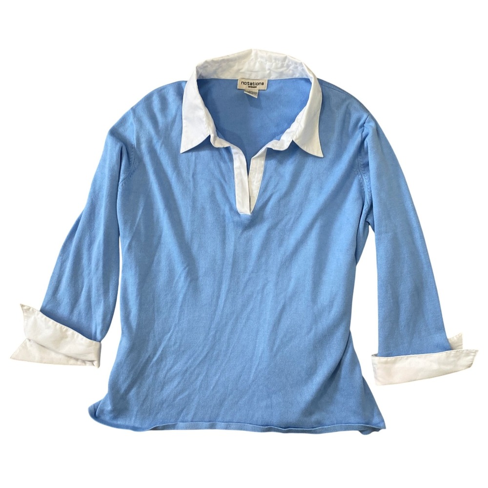 ⭐ 3/$15 Vintage Notations 1X Blue Knit Sweater White Collared Shirt Preppy